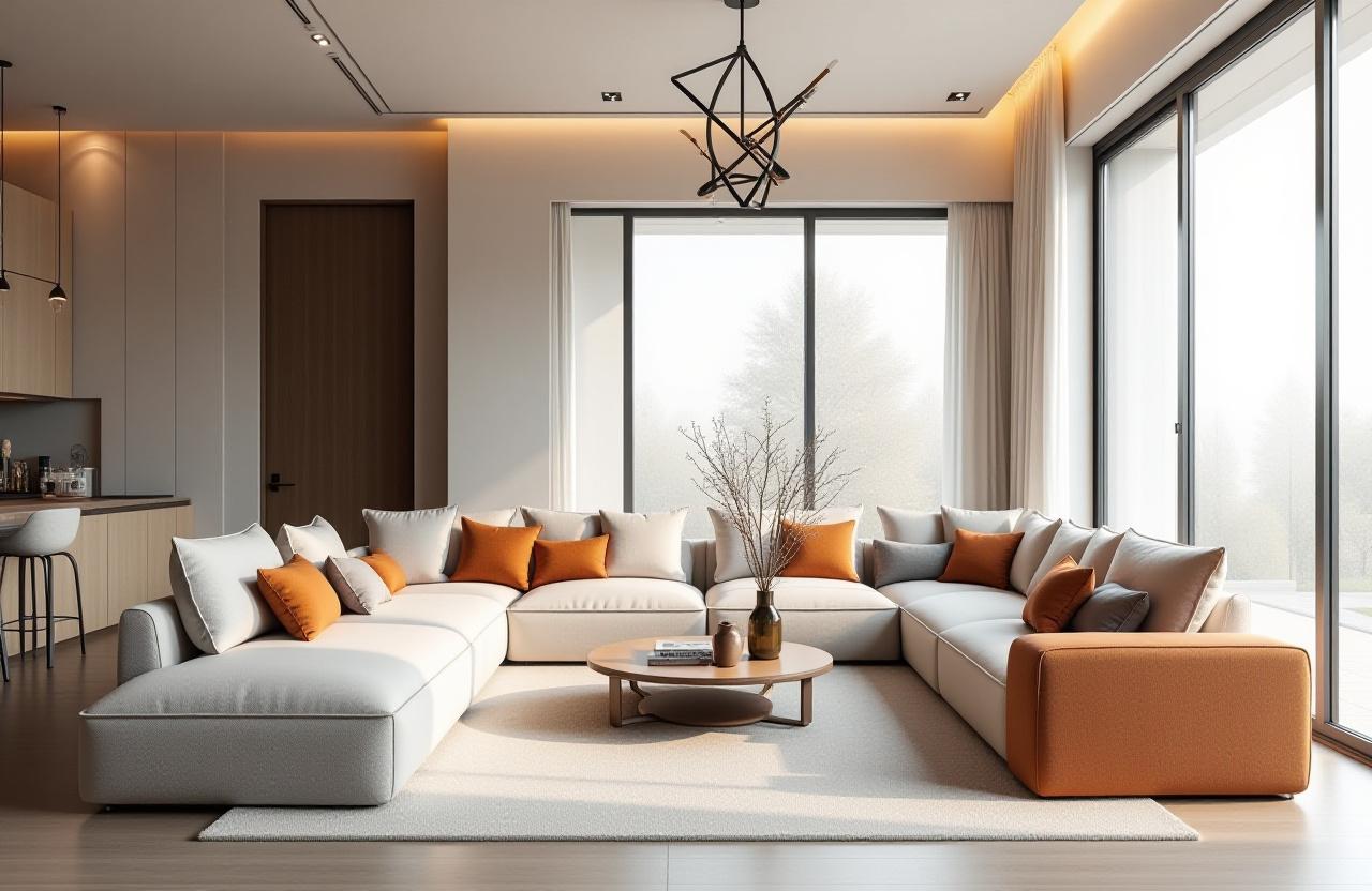 Vakkert designet stue med moderne møbler og naturlig lys