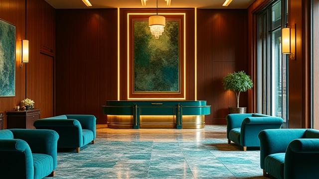Luksuriøs hotellobby med elegante møbler og stemningsfull belysning.